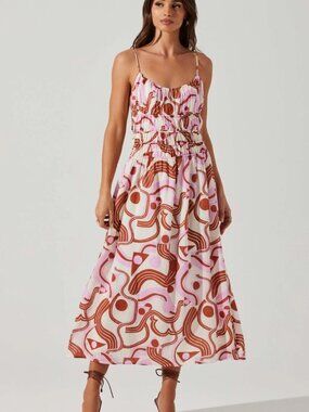 ASTR The Label Suzy Midi Dress L Anthropologie Pink Terracotta Retro Print Smock